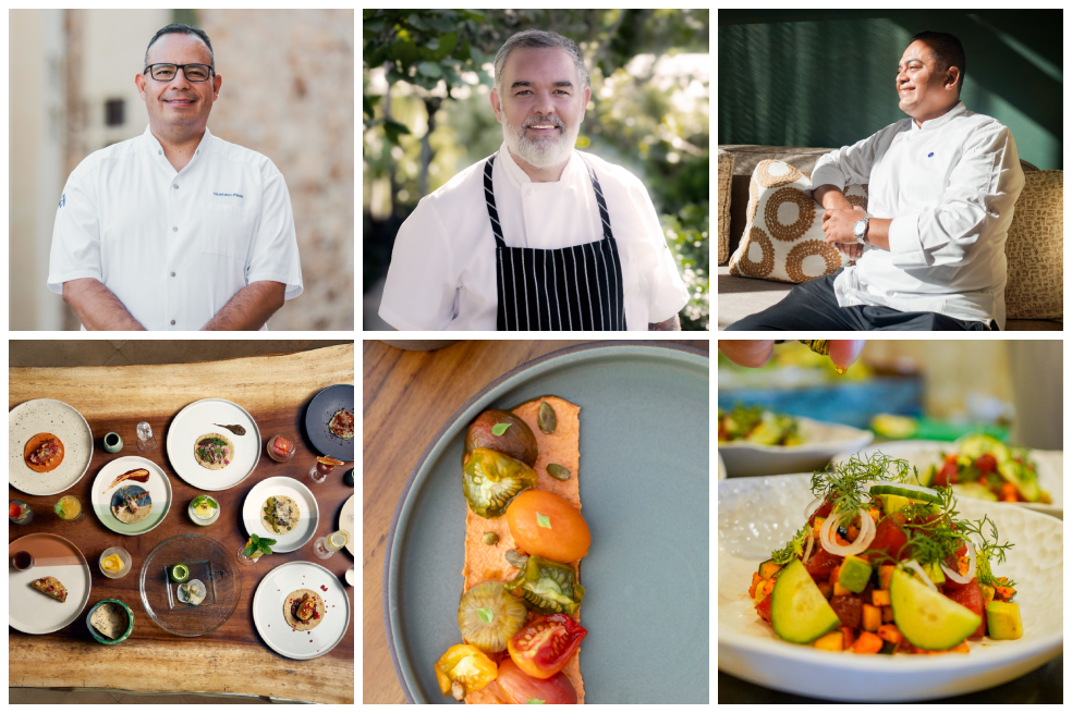 Chef Gustavo Pinet, Chef Nicolas Piatti y Chef Jonathan Santiago con algunos de sus platos.