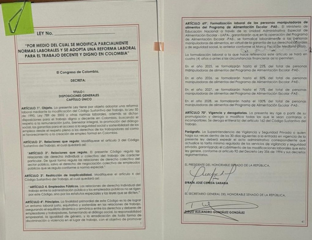 El texto de reforma laboral ya fue firmado por presidentes de la Cámara, Jaime Raúl Salamanca, y el Senado, Efraín Cepeda.