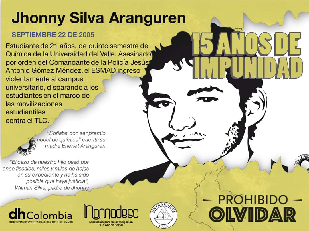 Conmemoración de los 15 años de la muerte de Jhonny Silva, víctima de una bala en medio de protestas en la Universidad del Valle