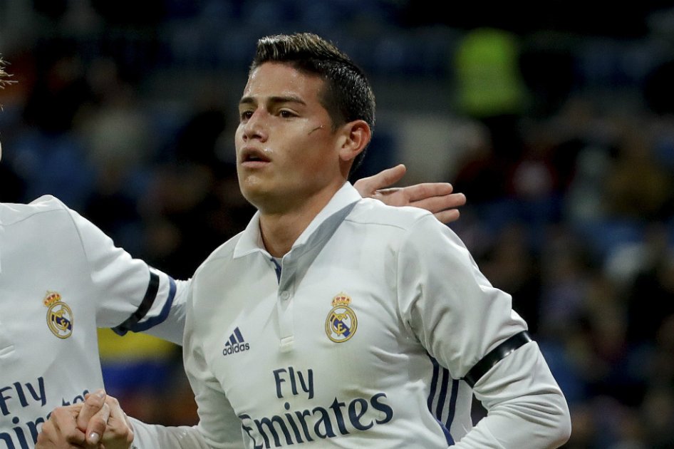El colombiano James Rodríguez celebra su más reciente tanto con el Real Madrid. / EFE