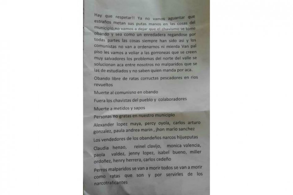Rechazan panfleto con amenazas en Obando, Valle