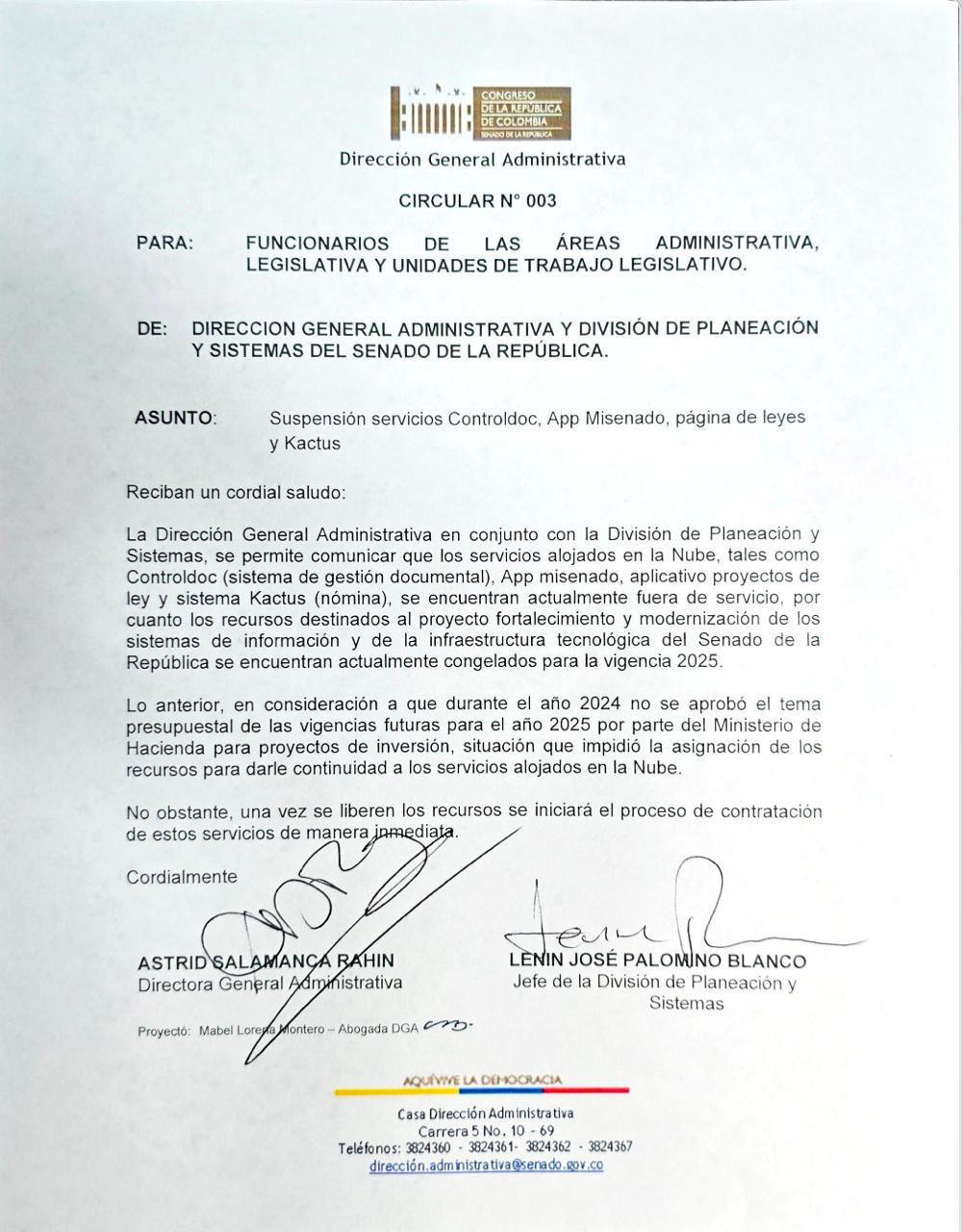 Circular sobre sistemas en la nube del Senado.