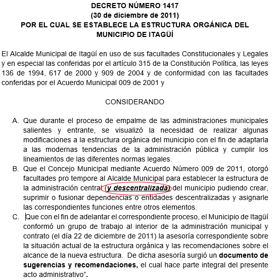 Decreto expedido el 30 de diciembre de 2011 por el alcalde (e) Luis Guillermo Pérez en la que se crea Adeli.