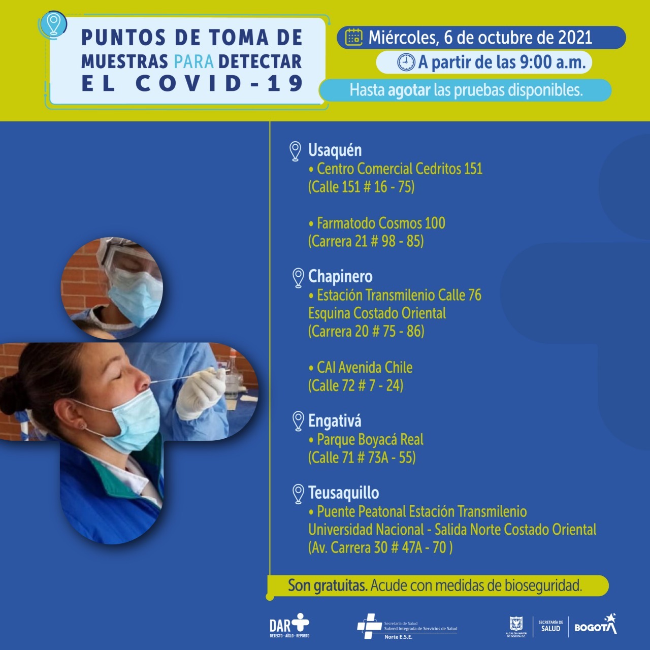 Pruebas PCR para este miércoles 6 de octubre.