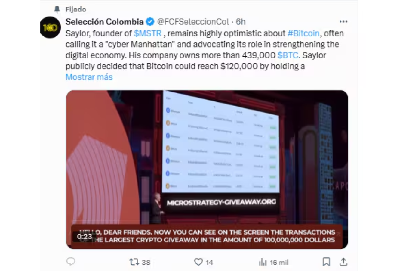 Tras la hackeada, esta fue una de las publicaciones en la cuenta de la Federación Colombiana de Fútbol.