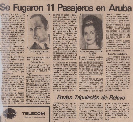 Registro de El Espectador del 1 de junio de 1973 con relación al secuestro del vuelo 601. En la imagen se ve al entonces gerente de El País de Cali, Álvaro Loreda y su esposa María Antonia Garcés.