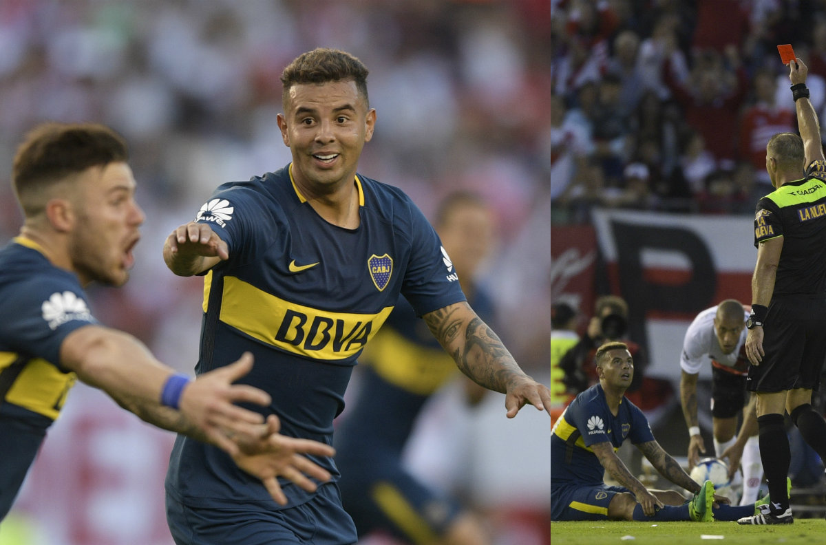 Edwin Cardona anotó un golazo de tiro libre y se fue expulsado en el triunfo de Boca frente a River