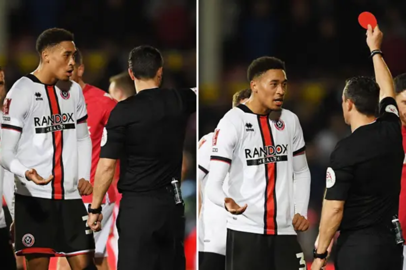 El árbitro Dean Whitestone expulsando a Daniel David Jebbison del Sheffield United.