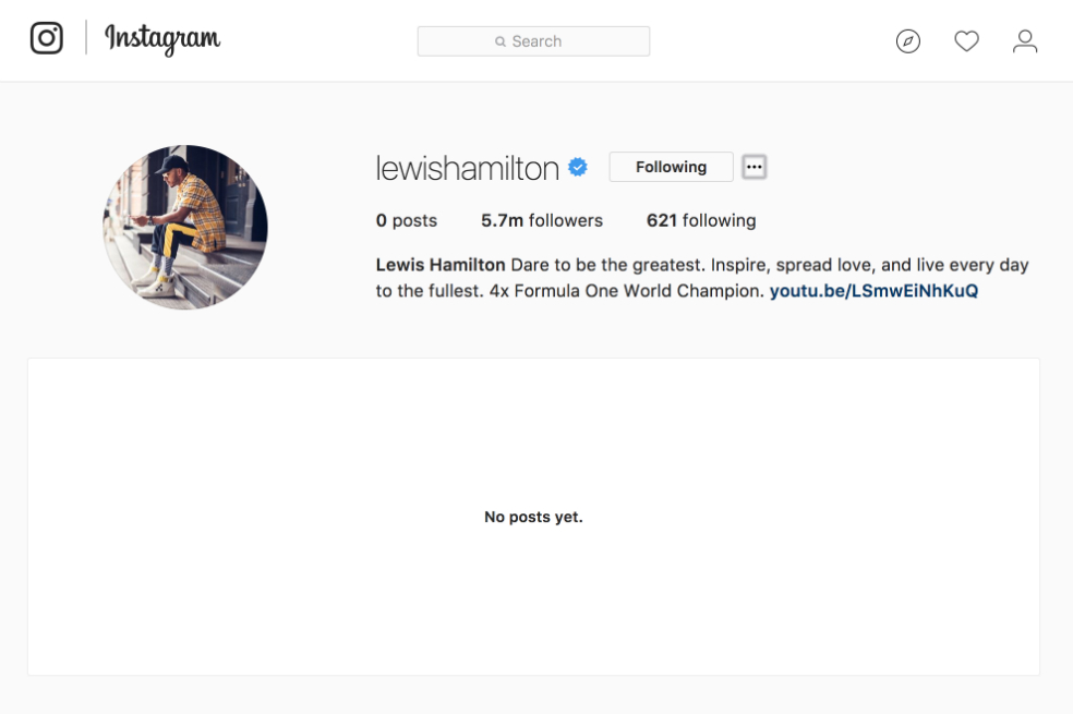 El instagaram de Lewis Hamilton sin ninguna publicación.