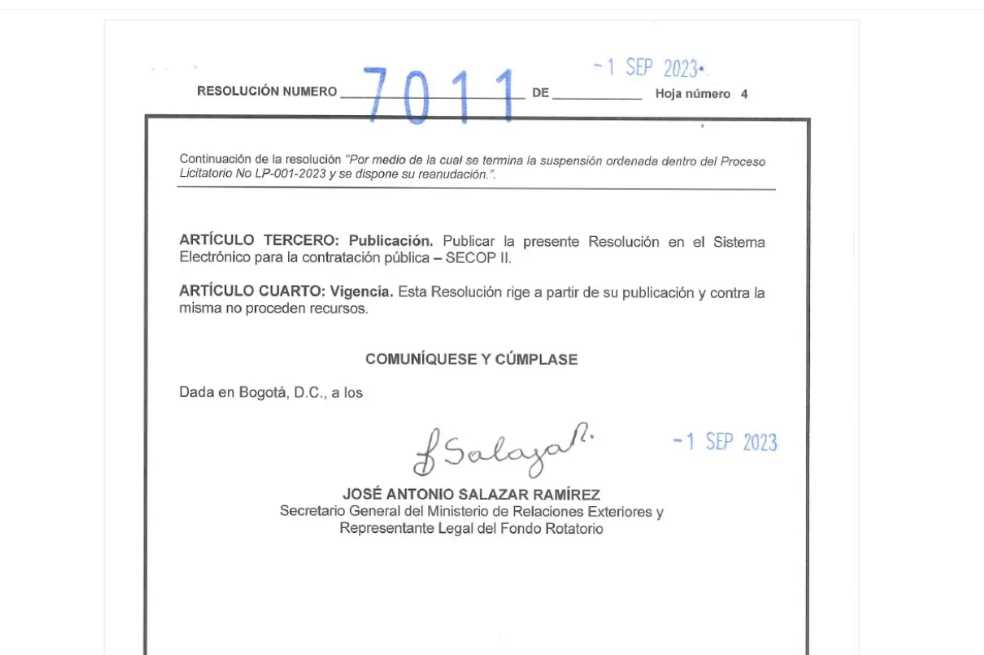 La resolución de la licitación de los pasaportes, publicada por el Ministerio de Relaciones Exteriores.