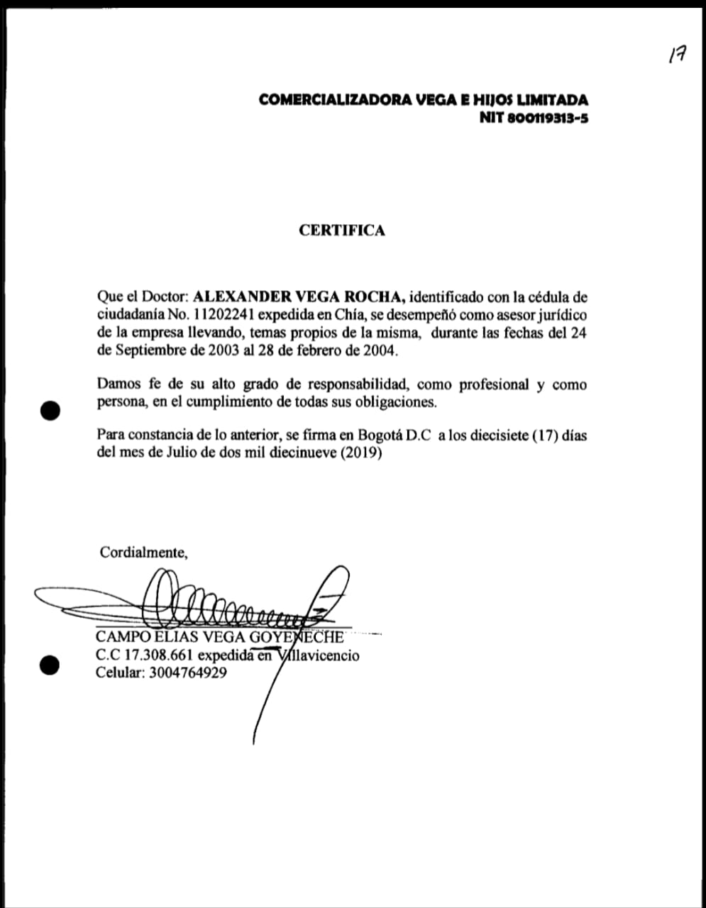 Certificación Alexander Vega.