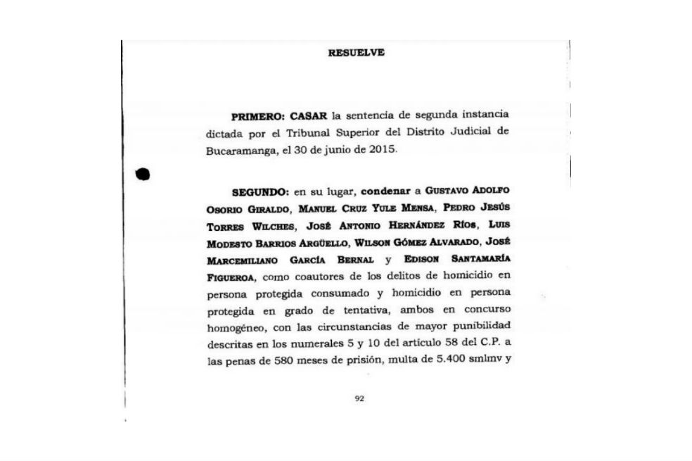 La Corte Suprema de Justicia decidió condenar a cuarenta y ocho años y tres meses de prisión a cada uno de los ocho militares vinculados al proceso. En el fallo, de 94 páginas, la Corte admitió que se trataba de un caso de ‘falsos positivos’. /TOMADO CORTE SUPREMA DE JUSTICIALos hechosLos cuatro campesinos salieron a eso de las tres y cincuenta de la mañana del casco urbano de Piedecuesta para visitar la finca La Primavera en la vereda Chucurí, ubicada a un costado de la vía Bucaramanga-Málaga. Viajaban en un Fiat gris de placas BUI-410, en el que transportaban insumos para los cultivos de mora y pitahaya que tenían en sociedad. Como la trocha se ponía dura y el barro no iba perdonar la falta de una camioneta 4×4, estacionaron el automóvil en la entrada de la escuela La Vega sede Chucurí.