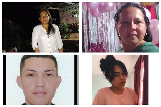 Arriba: Sandra Milena y Yadmil Cortés Uribe, reclamantes de tierra. Abajo: Karen Sulay Garay, contratista de la URT; y Jhon Steven Cogua, conductor.