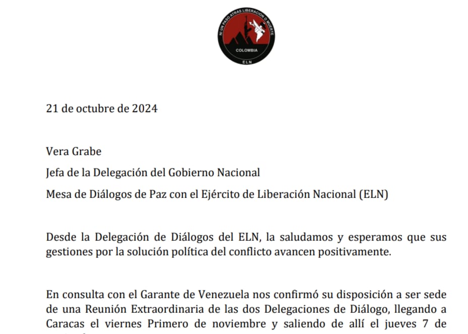 Parte de la carta enviada por Pablo Beltrán, jefe de la delegación del ELN, a Vera Grabe, jefa de la del Gobierno.