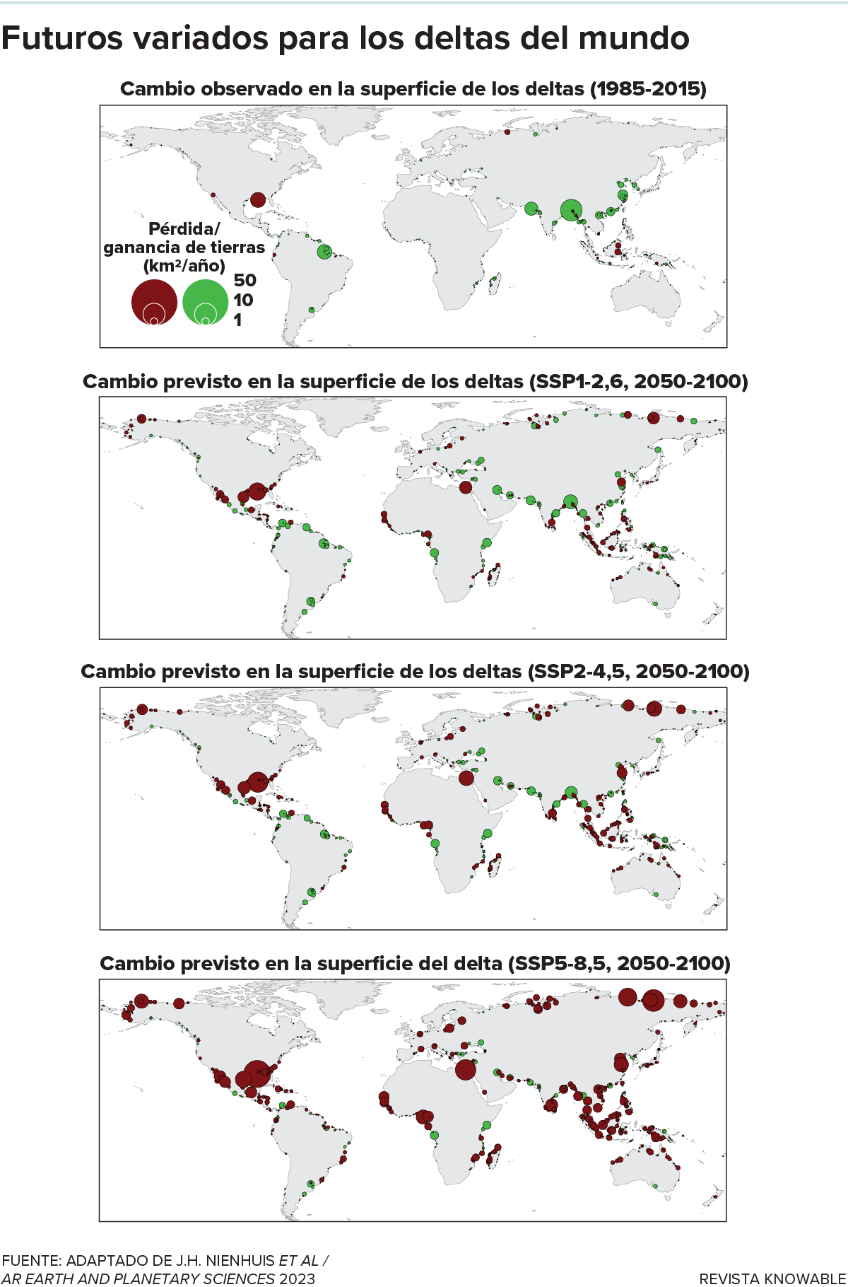 En las últimas décadas, los ríos han seguido construyendo deltas. Pero a medida que el mundo se caliente y los océanos se eleven, muchos deltas empezarán a reducirse, en lugar de crecer. La pérdida de deltas dependerá del calentamiento del planeta. Este gráfico muestra las previsiones de cambio de las tierras de los deltas entre 2050 y 2100 para tres “vías socioeconómicas compartidas”, o SSP, que el Grupo Intergubernamental de Expertos sobre el Cambio Climático utiliza en sus informes. El escenario de emisiones más elevado, SSP5-8.5, muestra altas tasas de pérdida de tierras en todo el mundo.
