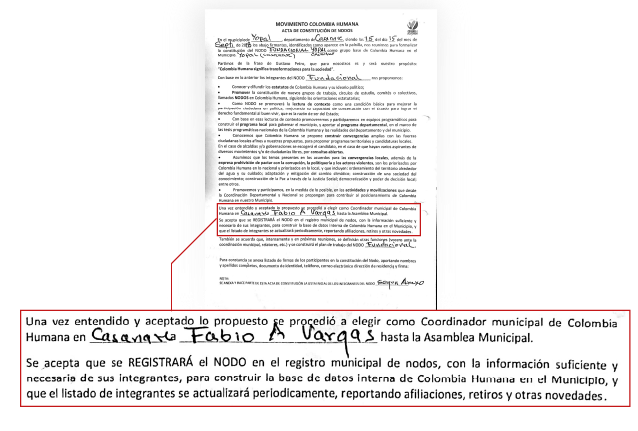 Documento en el que Fabio Vargas fue designado como coordinador de la Colombia Humana en Casanare en 2018.
