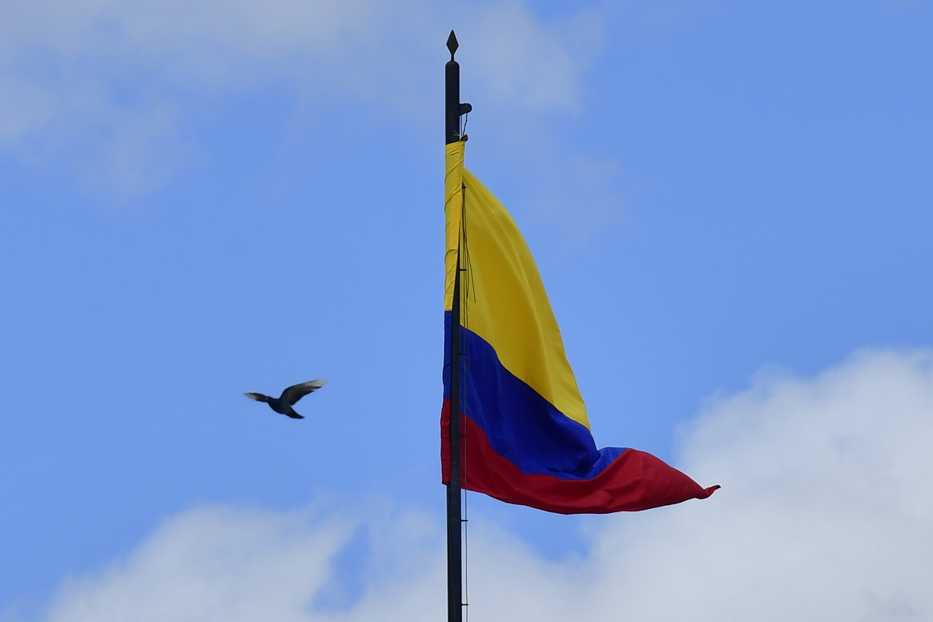 Fachada de este edificio y aspecto de la bandera de Colombia que está ubicada en el centro de Bogotá