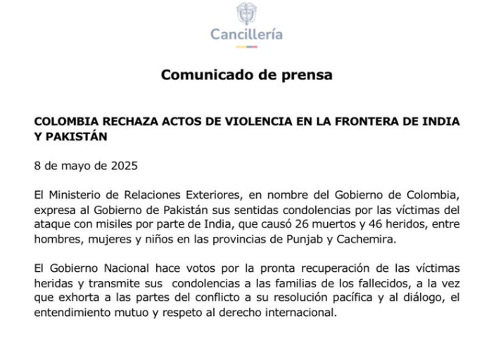 Colombia rechaza actos de violencia entre India y Pakistán, dice Cancillería