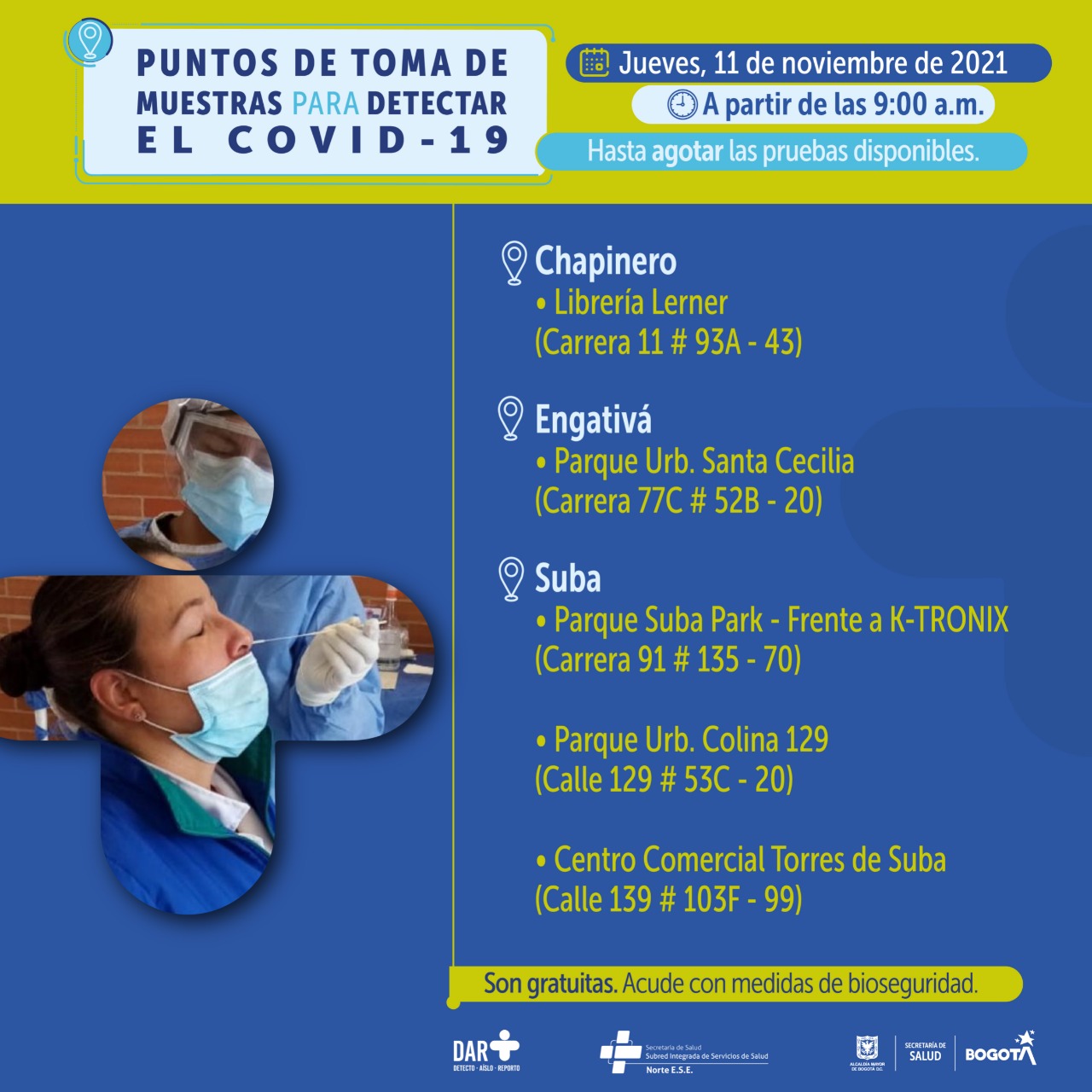 ¿Dónde hay pruebas gratuitas para Covid-19 este jueves en Bogotá?