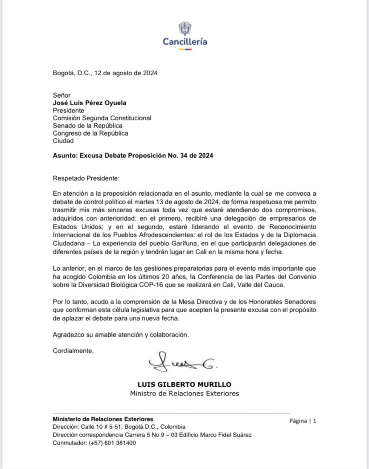 Esta es la excusa que presentó el canciller Luis Gilberto Murillo.