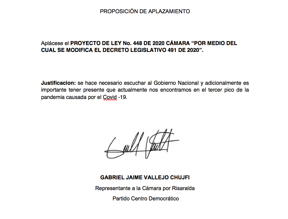 Proposición de Gabriel Jaime Vallejo, representante del Centro Democrático.