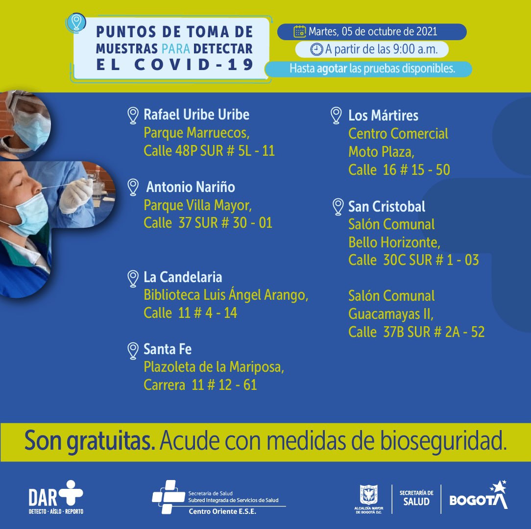 ¿Dónde hay pruebas gratuitas para COVID-19 este lunes 4 de octubre en Bogotá?