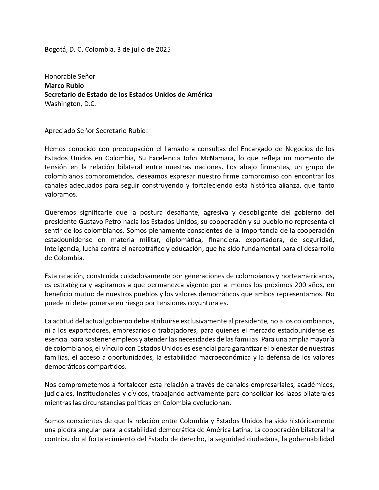 Carta de excancilleres a Marco Rubio