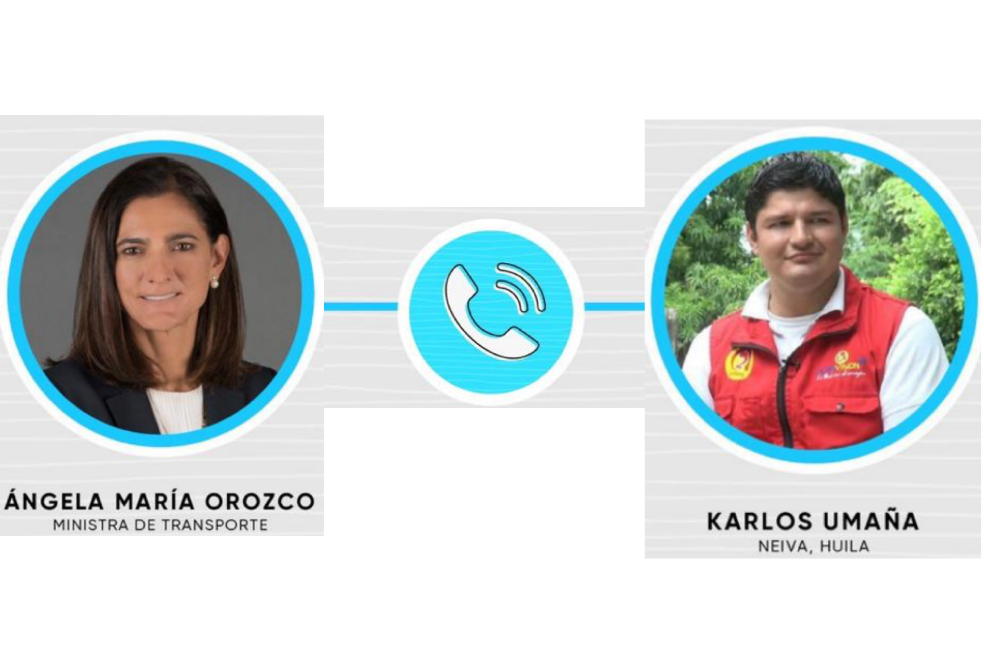 La ministra de transporte, Ángela María Orozco responde la llamada de Karlos Umaña ciudadanos de Neiva y periodista comunitario.