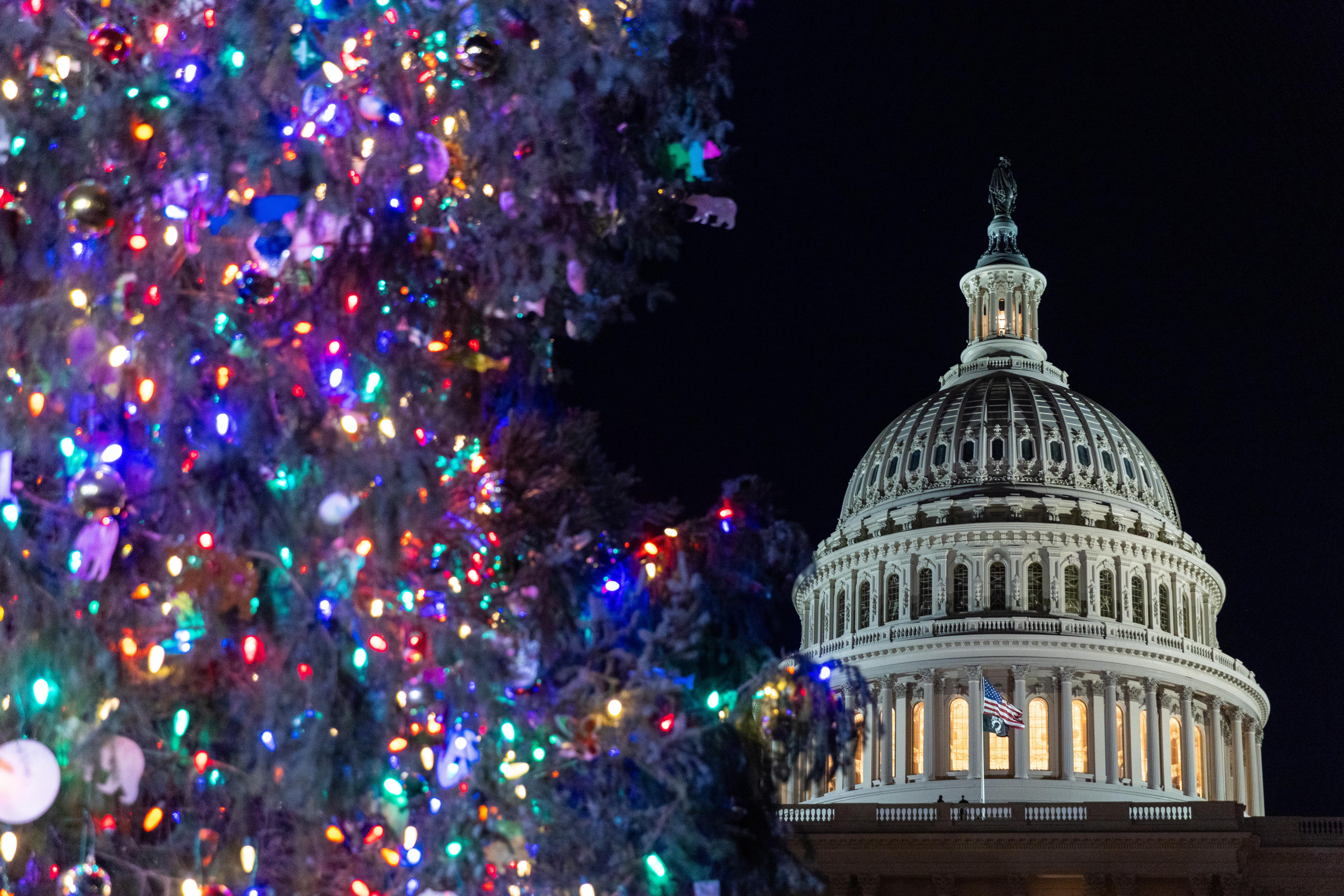 Washington (United States), 03/12/2024.- The US Capitol Dome is lit up at night during the US Capitol Christmas tree lighting ceremony at the US Capitol in Washington, DC, USA, 03 December 2024. The 2024 tree is an 80-foot Sitka spruce from the Wrangell District Region in Alaska's Tongass National Forest. EFE/EPA/SHAWN THEW