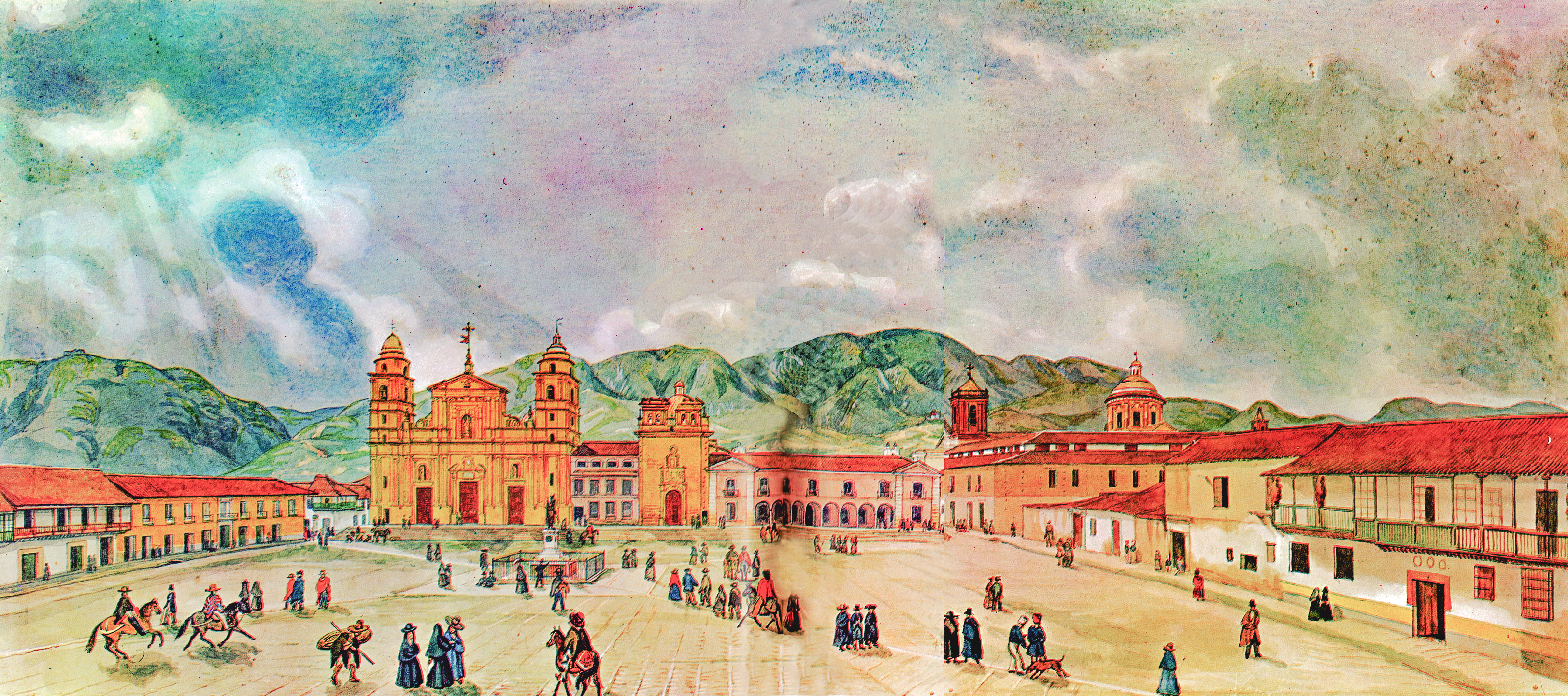 Este era el aspecto de la Plaza Mayor de Bogotá, Nueva Granada.
Fuente: Joaquín Piñeros Corpas. Acuarelas de Mark-Colombia