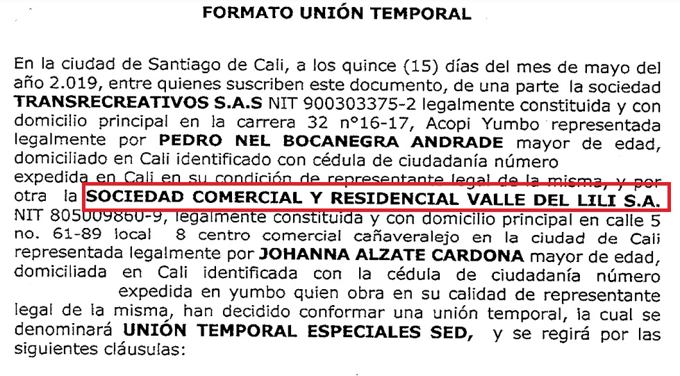 El acta de conformación de la Unión Temporal quedó registrada por las empresas Socoreval S.A. y Transrecreativos S.A.S.
