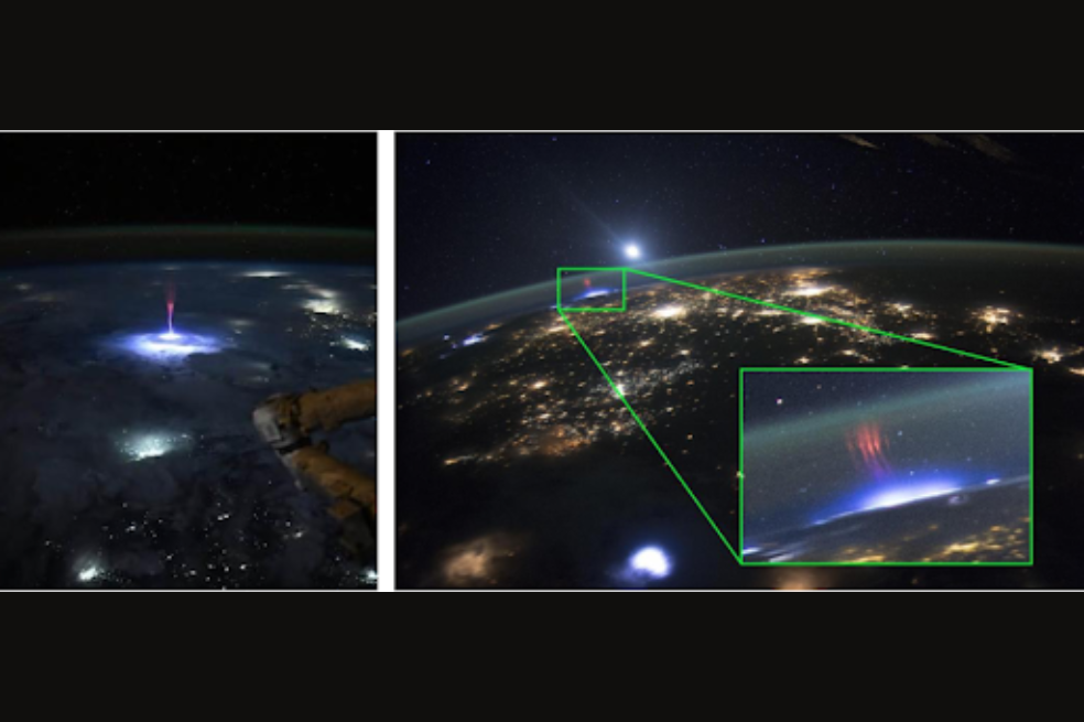 Izquierda: Gigantesco evento de chorro desde la Estación Espacial Internacional, tomado por la astronauta de la NASA Nichole Ayers. (Crédito: Ayers) Derecha: Evento de sprites sobre un rayo, visto desde el espacio. Esta foto fue tomada por astronautas a bordo de la Estación Espacial Internacional durante la Expedición 44.
Crédito: Astronautas de la NASA a bordo de la Expedición 44