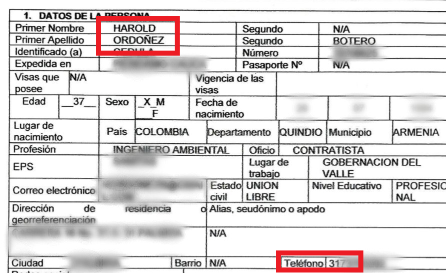 En el expediente judicial reposan los datos personales de Harold Ordóñez Botero, con un número de celular que no coincide con los interceptados por inteligencia militar.