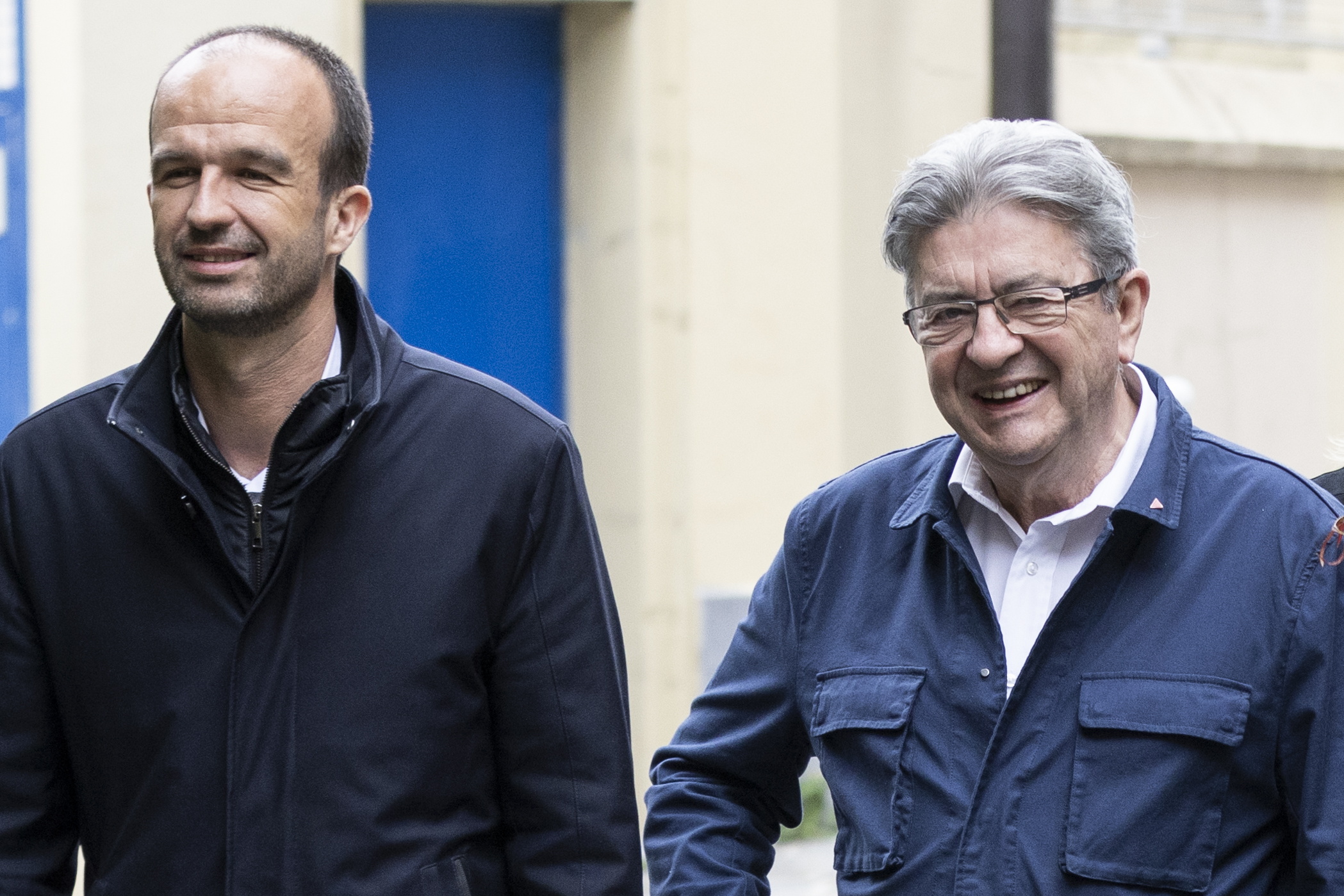 Paris (France), 08/07/2024.- Jean-Luc Melenchon (R) leader of La France Insoumise (LFI) and President of LFI Manuel Bompard (L) arrive to the Headquarter of the Party for a meeting in Paris, France, 08 July 2024. France voted on 07 July for the second round of the legislative elections. According to the first official results, the leftist alliance Le Nouveau Front Populaire came ahead of the French President Macron's ruling coclation and the extreme right one the Rassemblement national (RN). (Elecciones, Francia) EFE/EPA/ANDRE PAIN