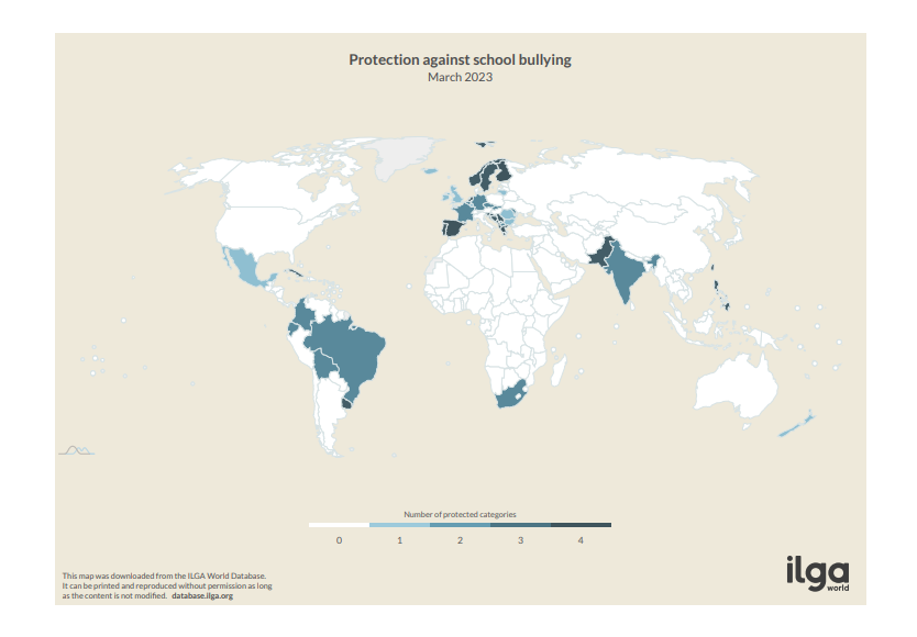 El mapa muestra la situación de las leyes a nivel mundial, indicando qué países cuentan con ninguna, algunas o hasta cuatro disposiciones relacionadas con la protección de las juventudes frente al acoso escolar.