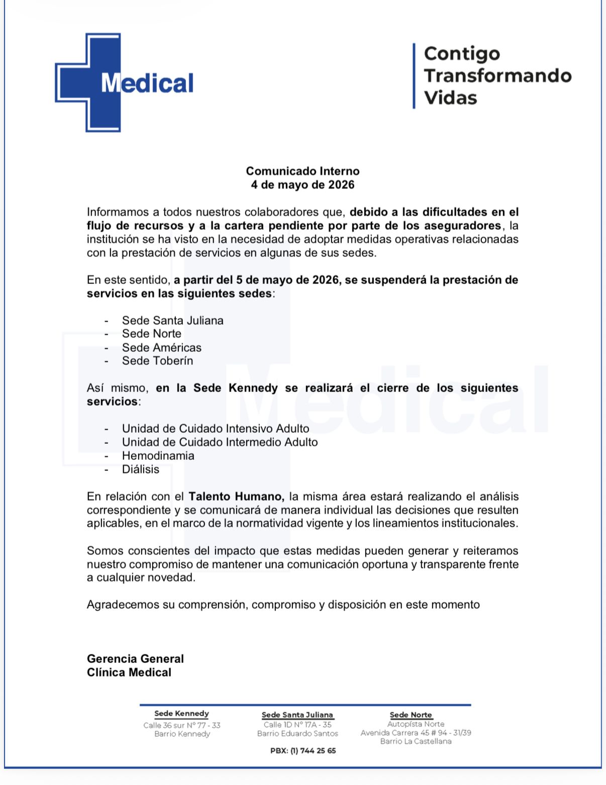 Este es el comunicado publicado por la Clínica Medical.