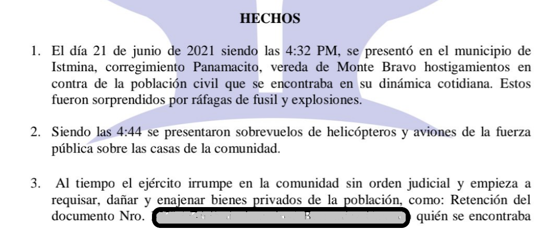 Apartes del informe de la Personería de Istmina, Chocó, sobre los hechos ocurridos en la vereda Montebravo en junio de 2021.