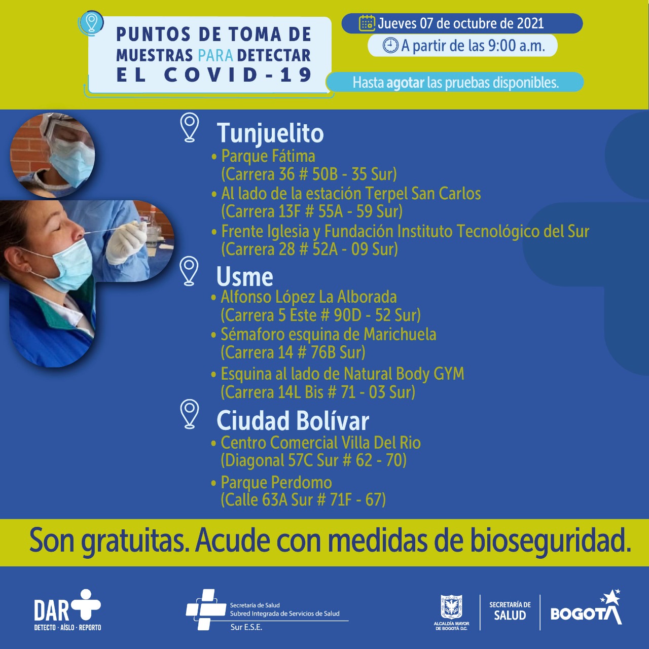 ¿Dónde hay pruebas gratuitas para Covid-19 este jueves en Bogotá?