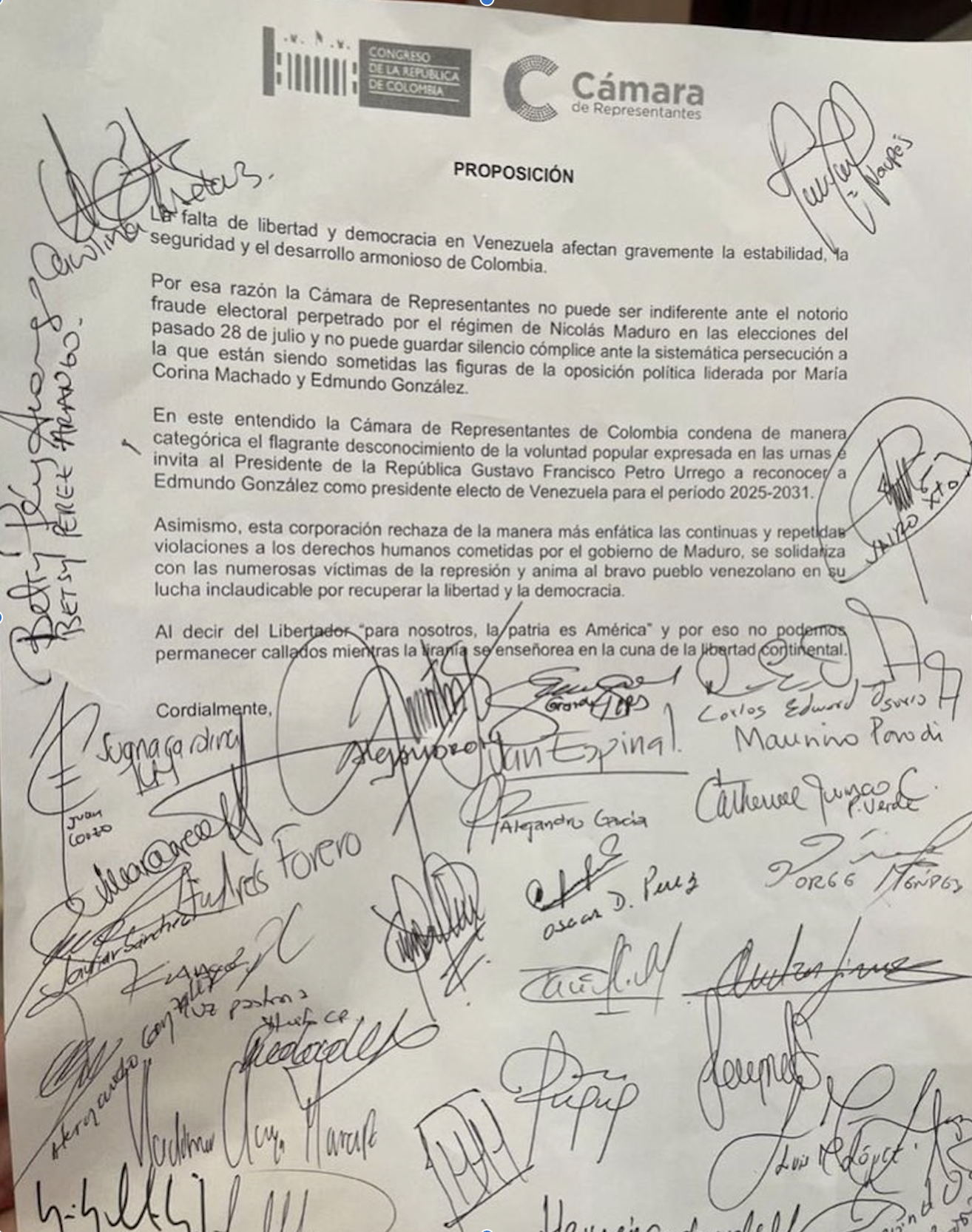 Proposición de Andrés Forero, representante del Centro Democrático, sobre las elecciones en Venezuela.