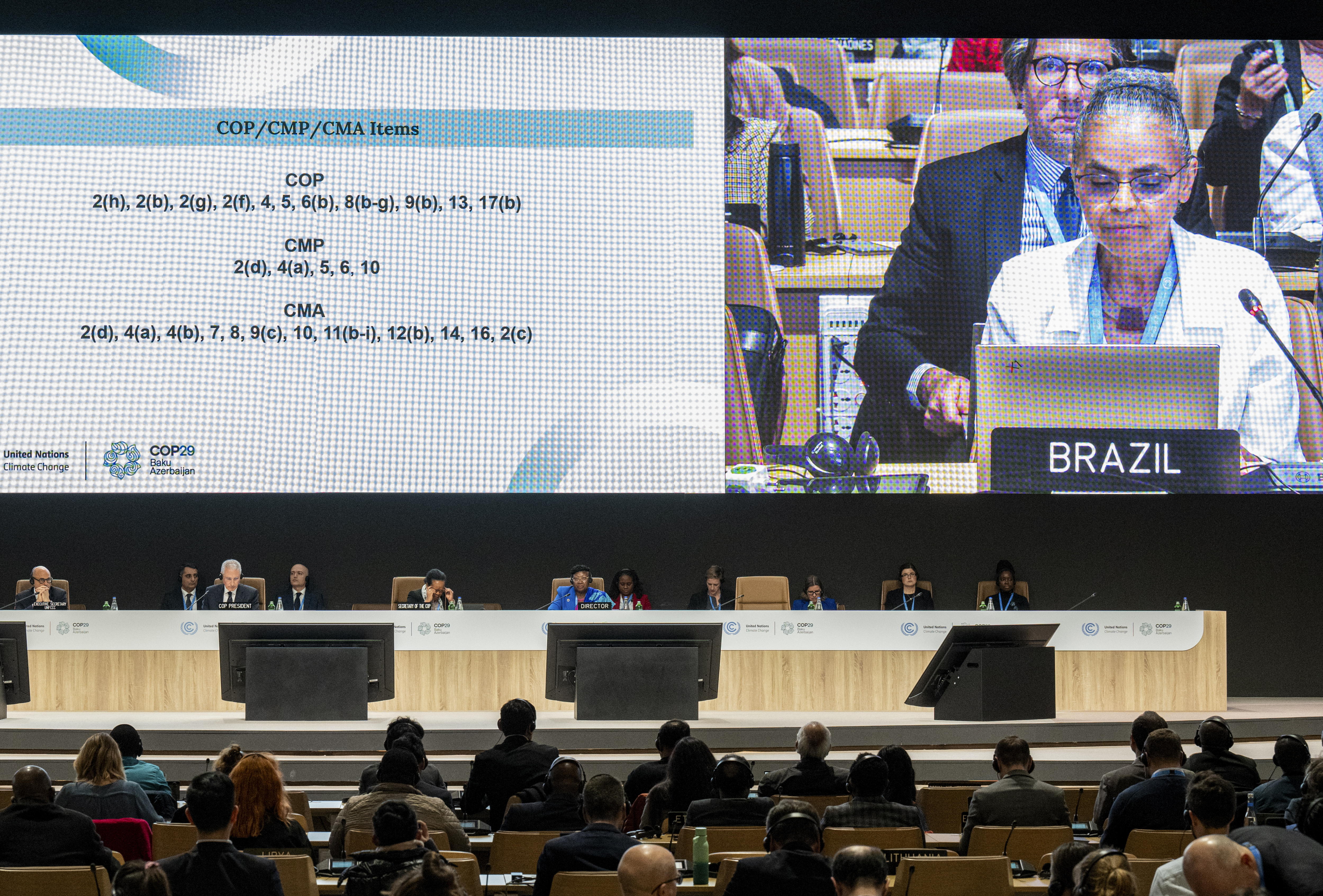 Baku (Azerbaijan), 23/11/2024.- A handout picture made available by COP29 Azerbaijan shows Brazil's Minister of Environment Marina Silva (R) attends a plenary meeting at the UN Climate Change Conference COP29 in Baku, Azerbaijan, 23 November 2024. (Azerbaiyán, Brasil) EFE/EPA/COP29 AZERBAIJAN / HANDOUTS HANDOUT EDITORIAL USE ONLY/NO SALES