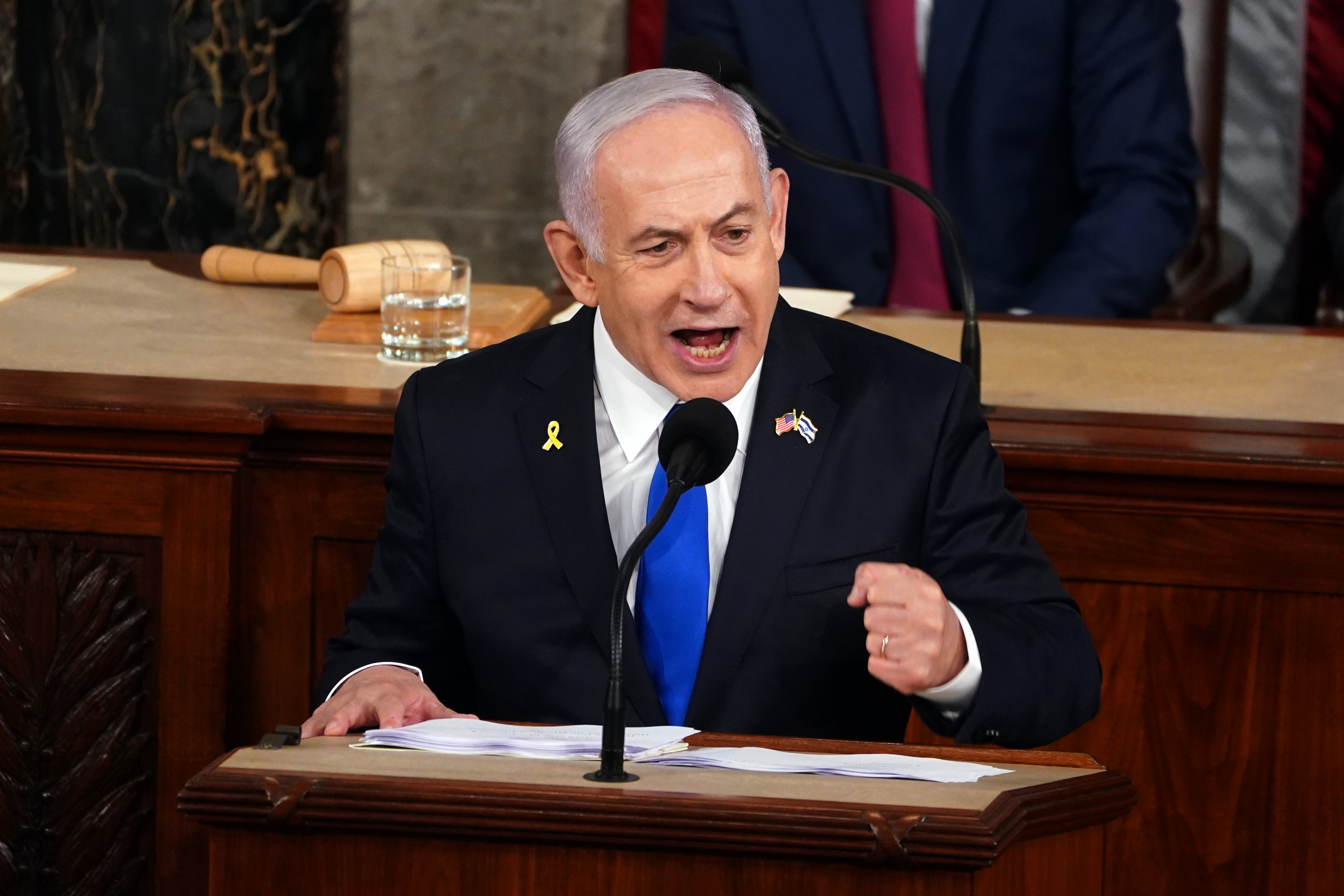Washington (United States), 24/07/2024.- Prime Minister of Israel Benjamin Netanyahu delivers an address to a joint meeting of Congress in the chamber of the US House of Representatives on Capitol Hill in Washington, DC, USA, 24 July 2024. Netanyahu's address to a joint meeting of the US Congress comes amid a close 2024 US presidential election cycle. Thousands of pro-Palestinian protesters were expected to gather near the US Capitol when Netanyahu becomes the first leader to address the US Congress four times. (Protestas) EFE/EPA/WILL OLIVER