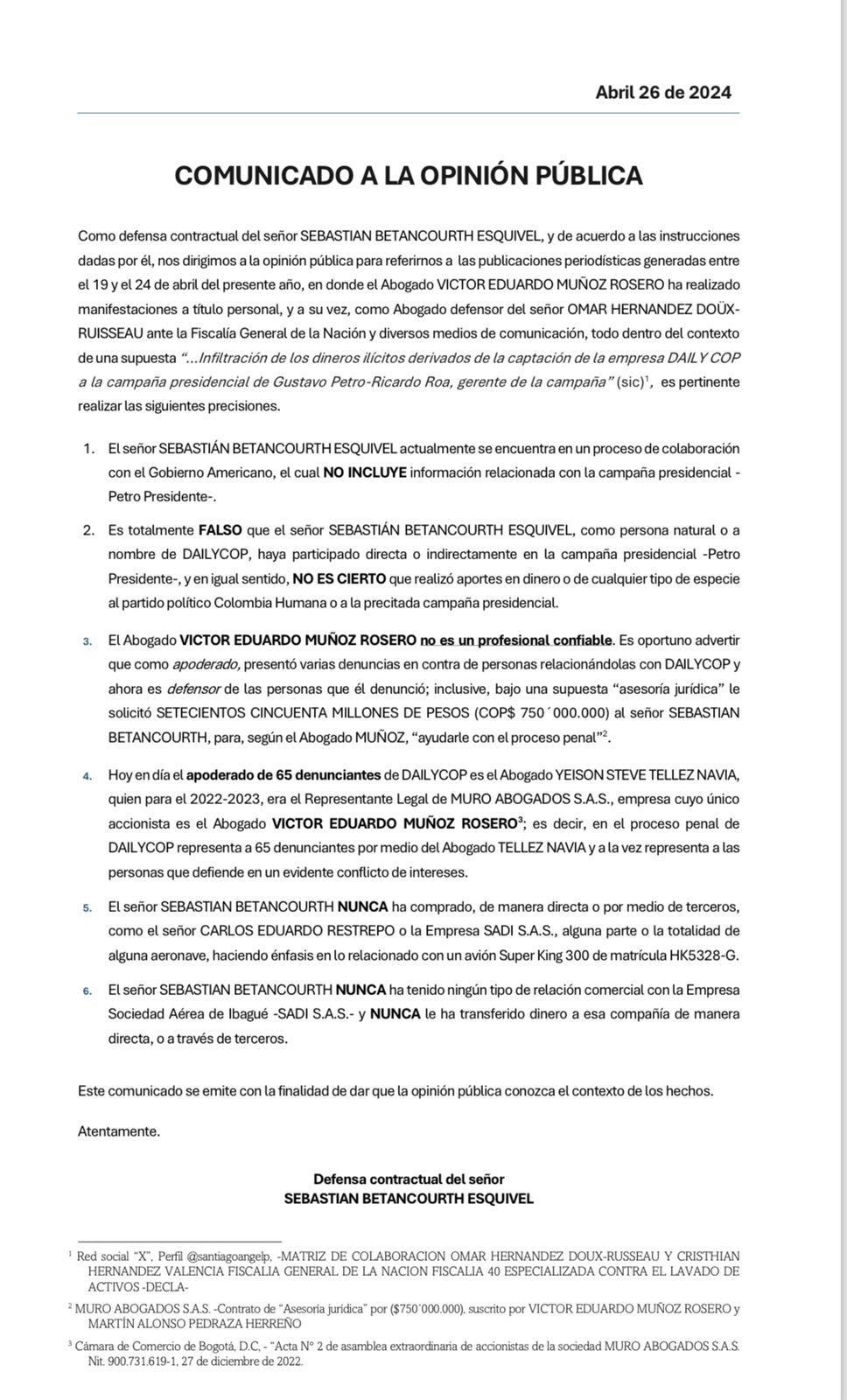 Este es el comunicado de la defensa del creador de la criptoestafa Daily Cop, Sebastián Betancourth.