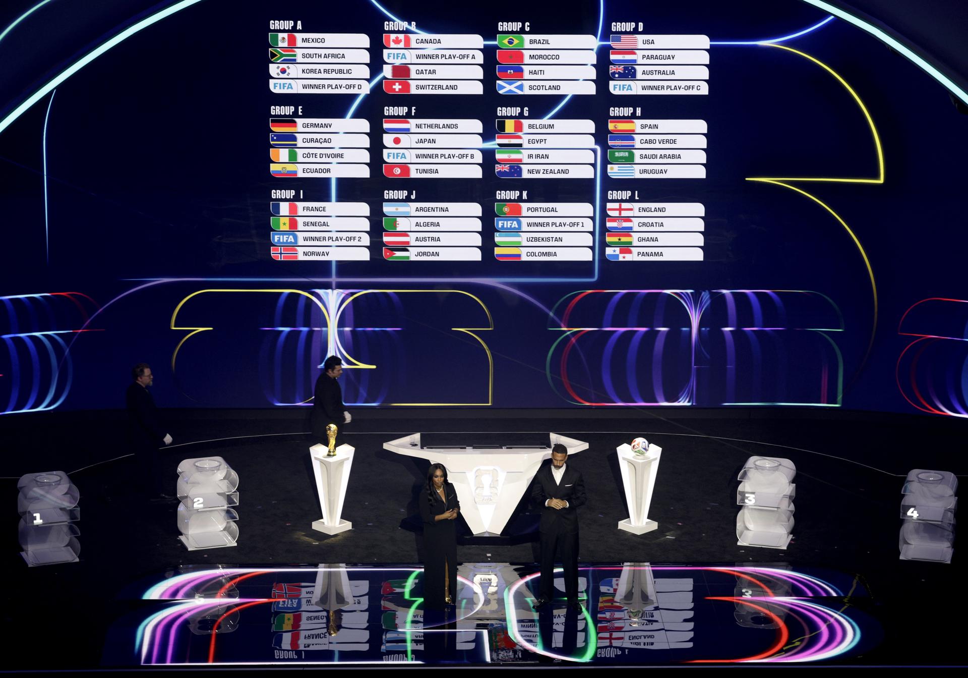 WASHINGTON (United States), 05/12/2025.- The groups are on display at the end of the FIFA World Cup 2026 Final Draw at the Kennedy Center in Washington DC, USA, 05 December 2025. (Mundial de Fútbol) EFE/EPA/SHAWN THEW