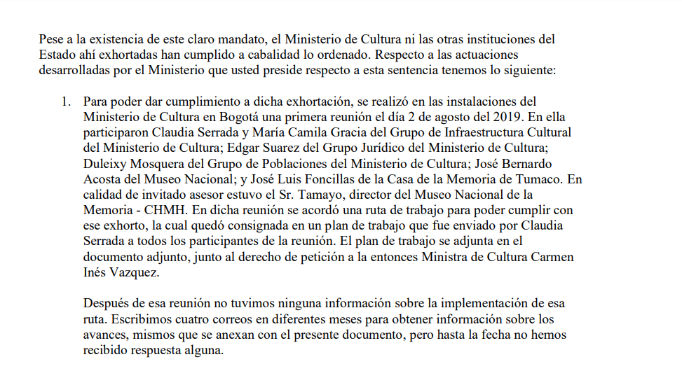 Fragmento del derecho de petición enviado hace un mes por la Casa de la Memoria al Ministerio de Cultura.