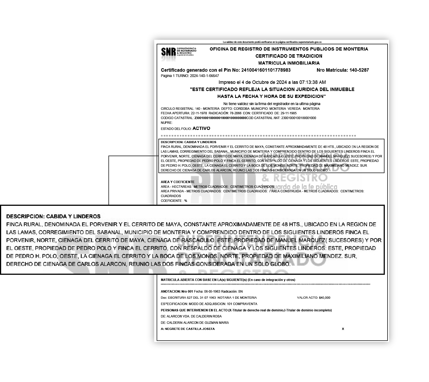 Certificado de libertad y tradición de uno de los predios llamados Porvenir que hacen parte de El Ubérrimo.