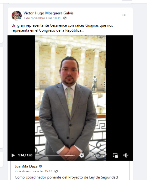 Publicación en la cuenta de Facebook del director territorial de la Unidad de Víctimas en Cesar-Guajira.