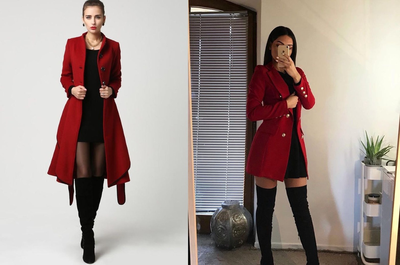Viste un vestido negro con una gabardina o blazer rojo. Completa con unos botines negros.
