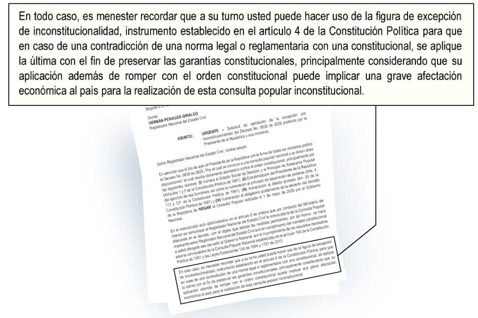 Varios partidos de oposición e independientes le pidieron al registrador Hernán Penagos no continuar con la consulta popular argumentando "excepción de inconstitucionalidad".