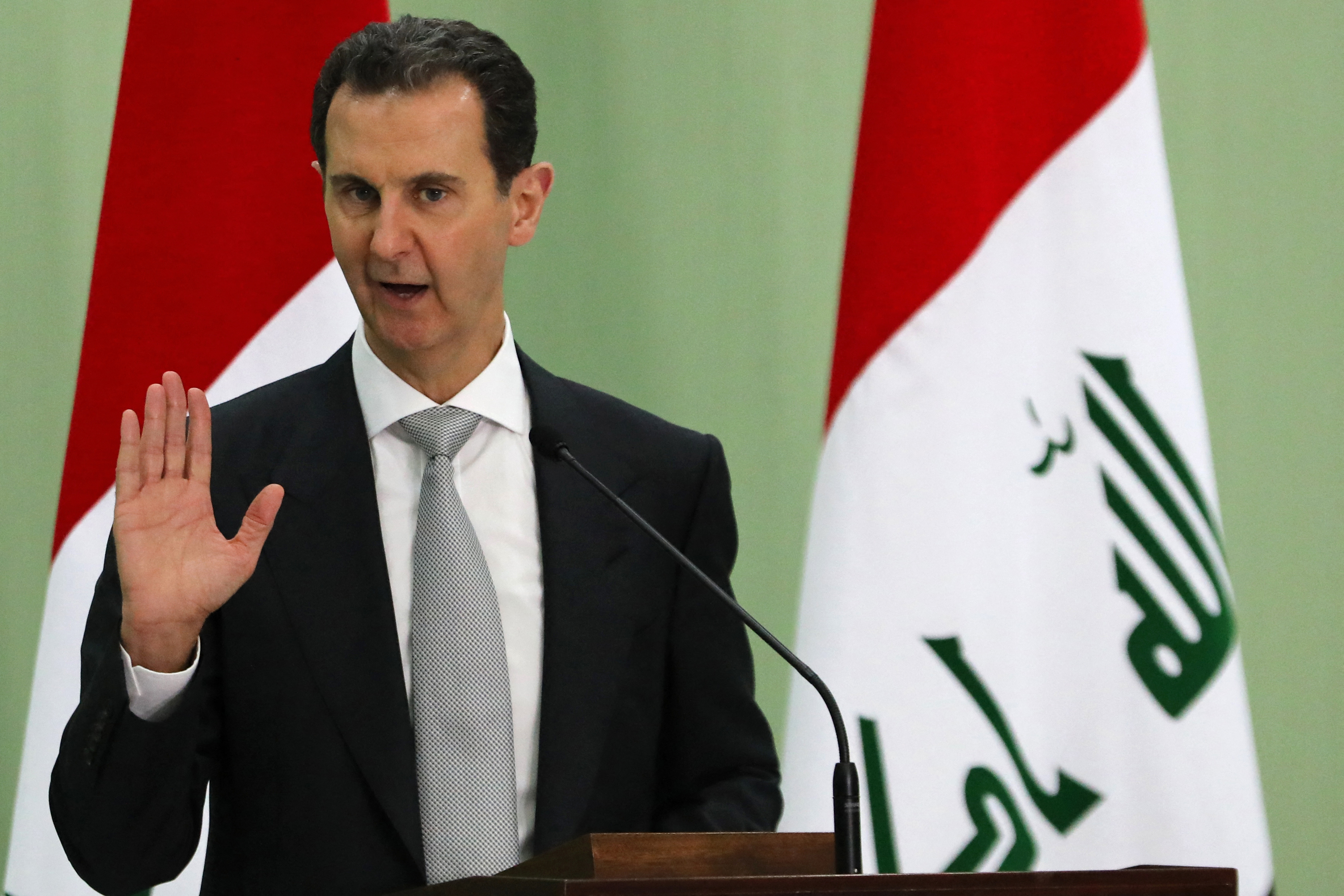 (FILES) Syria's President Bashar al-Assad speaks during a press conference with Iraq's Prime Minister in Damascus on July 16, 2023.