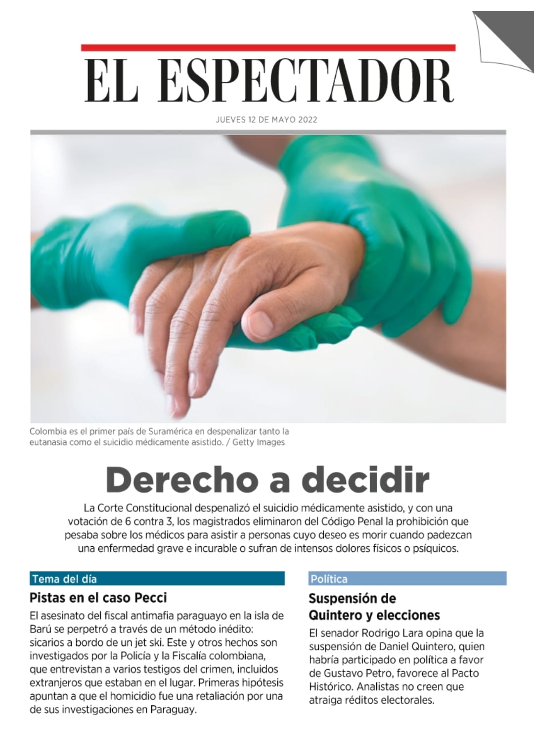Portada de El Espectador en donde se registró la noticia.